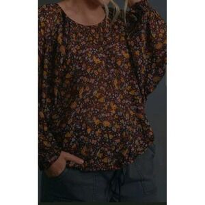 Anthropologie Sheer Floral Viscose Blouse SP Balloon Sleeve Smocked Cuffs Black